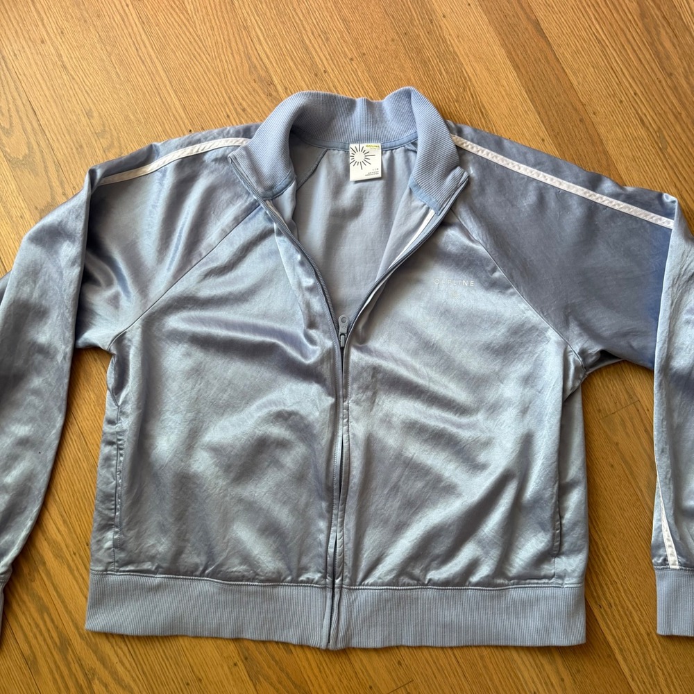 Aerie Offline Women Light Blue‎ Satin Track Jacket Full Zip Striped Sleeve L - Picture 3 of 5